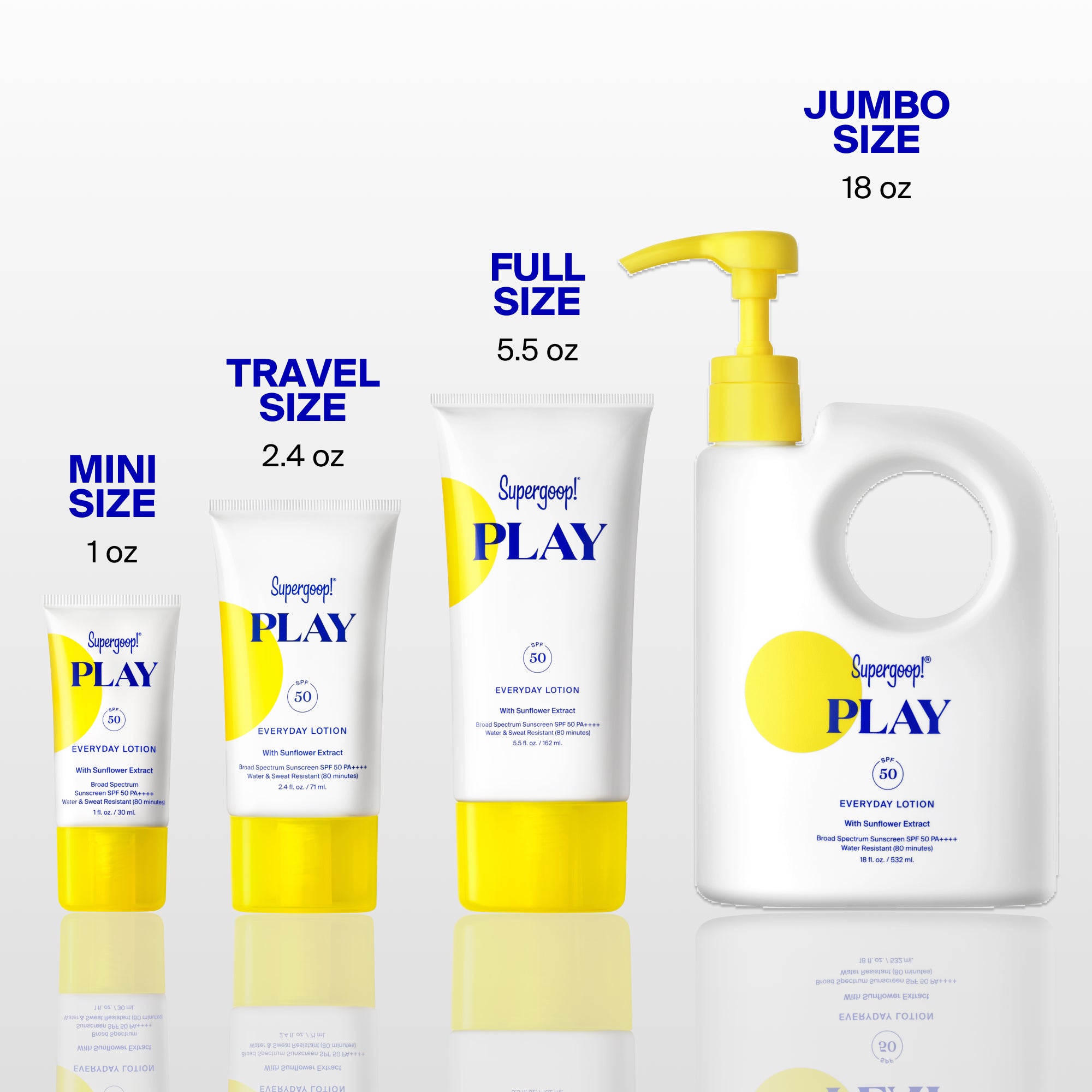 Supergoop! PLAY Everyday Lotion SPF 50 with Sunflower Extract 1 fl. oz., 2.4 fl. oz., 5.5 fl.  oz. 18 fl. oz. and 2-pack  
Dawn, Sunrise, Golden Hour, Sunset / 1.7 oz. 
