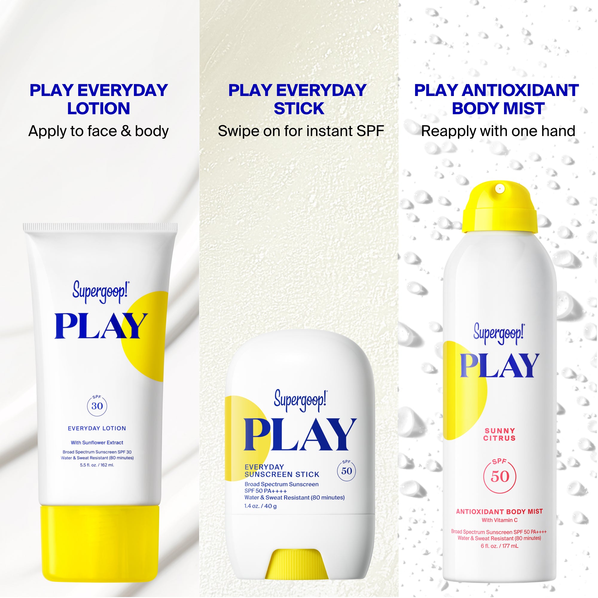 Supergoop! PLAY Everyday Lotion SPF 50 with Sunflower Extract 1 fl. oz., 2.4 fl. oz., 5.5 fl.  oz. 18 fl. oz. and 2-pack  