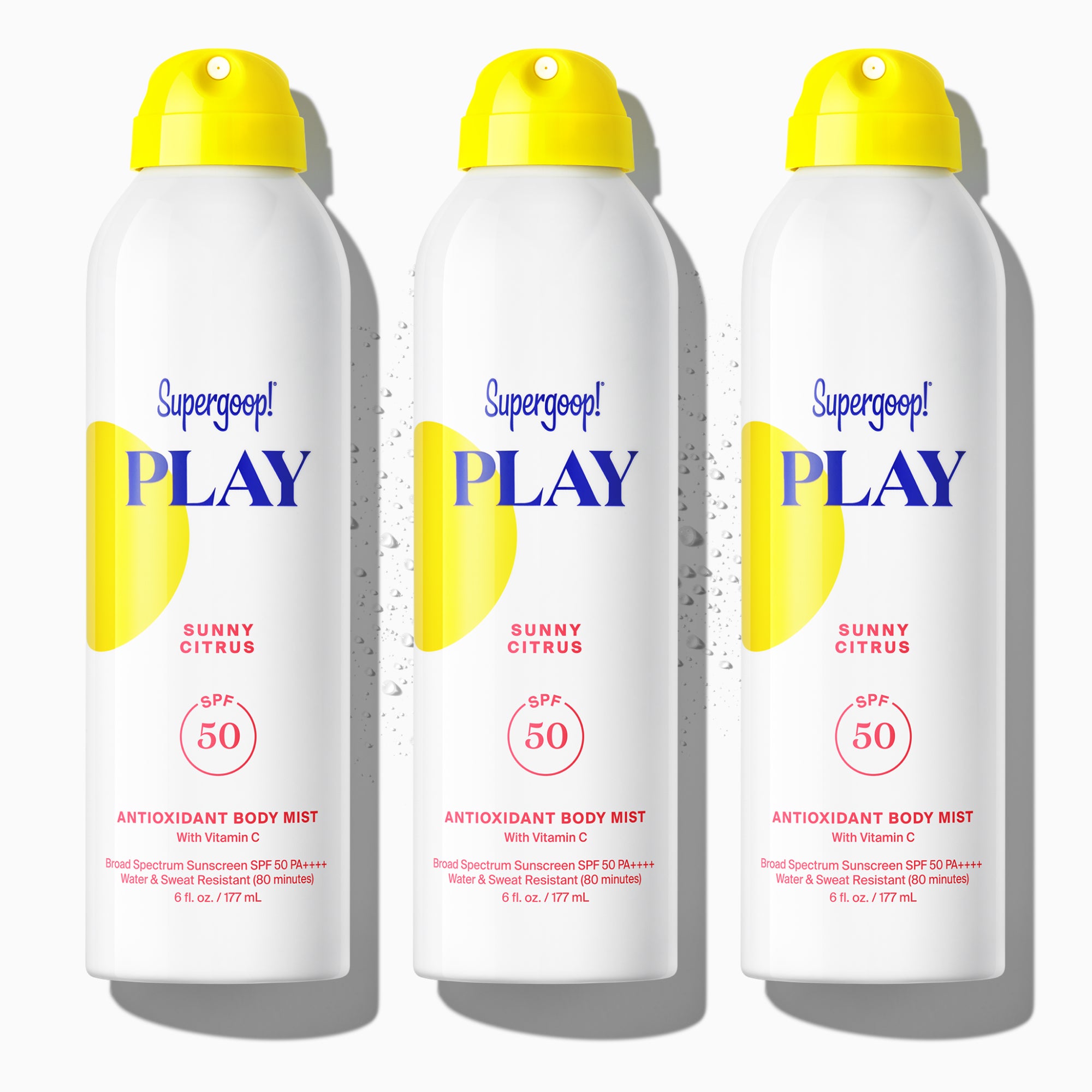 Supergoop! PLAY Antioxidant Body Mist SPF 50 with Vitamin C Sunny Citrus 3-pack Mist Packshot and goop 