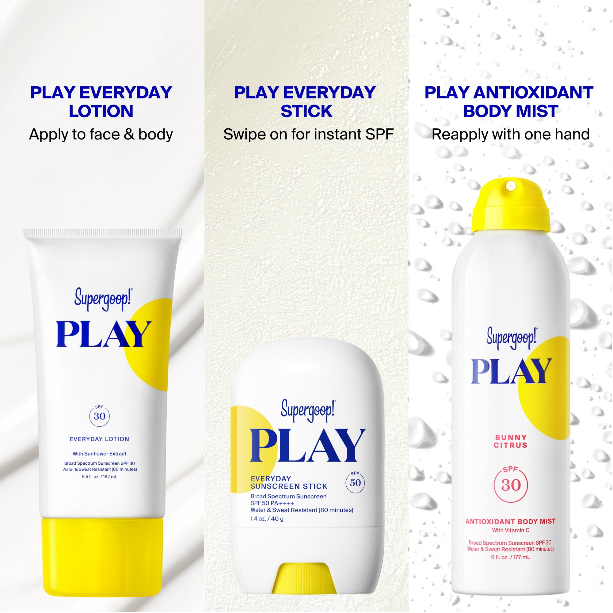 Supergoop! PLAY Antioxidant Body Mist SPF 50 with Vitamin C Sunny Citrus 6 fl. oz. 3 fl. oz. 3-pack Whipped Coconut 6 fl. oz. Vanilla Orchid 6 fl. oz.