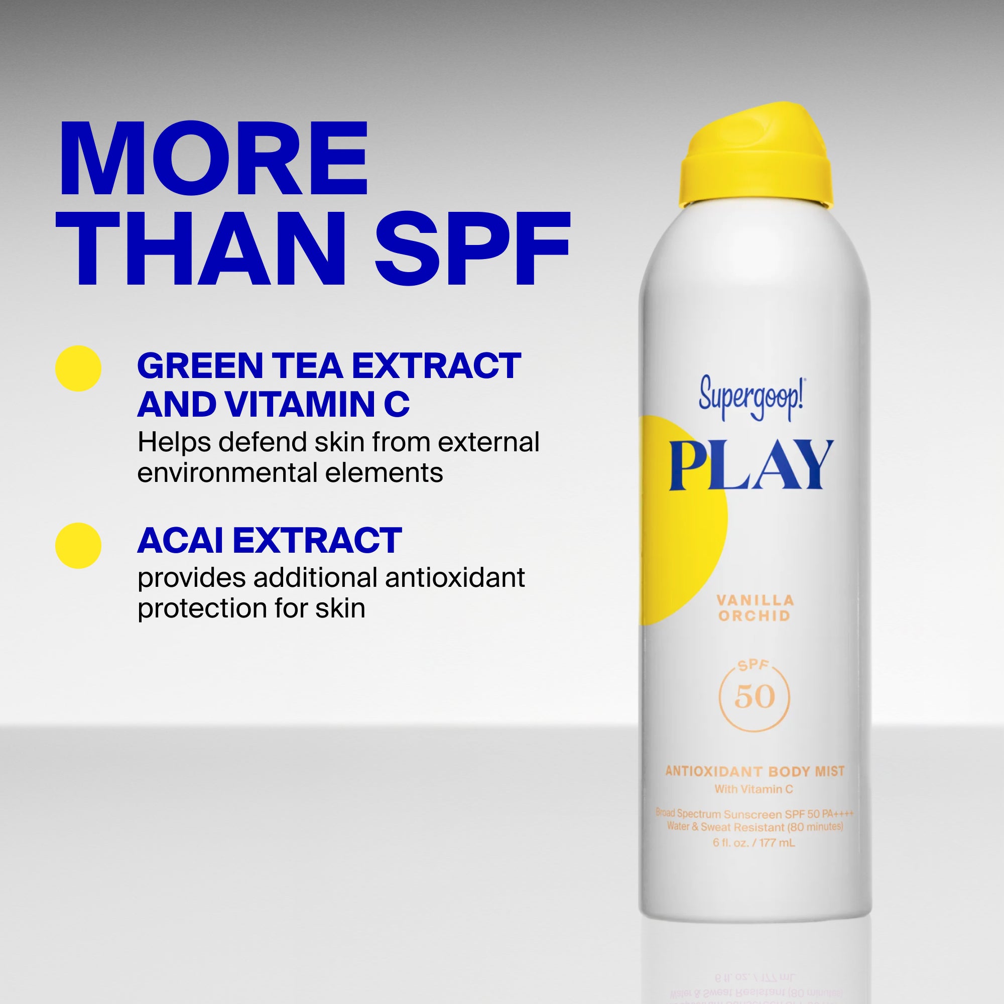 Supergoop! PLAY Antioxidant Body Mist SPF 50 with Vitamin C Vanilla Orchid 6 fl. oz. Packshot and goop