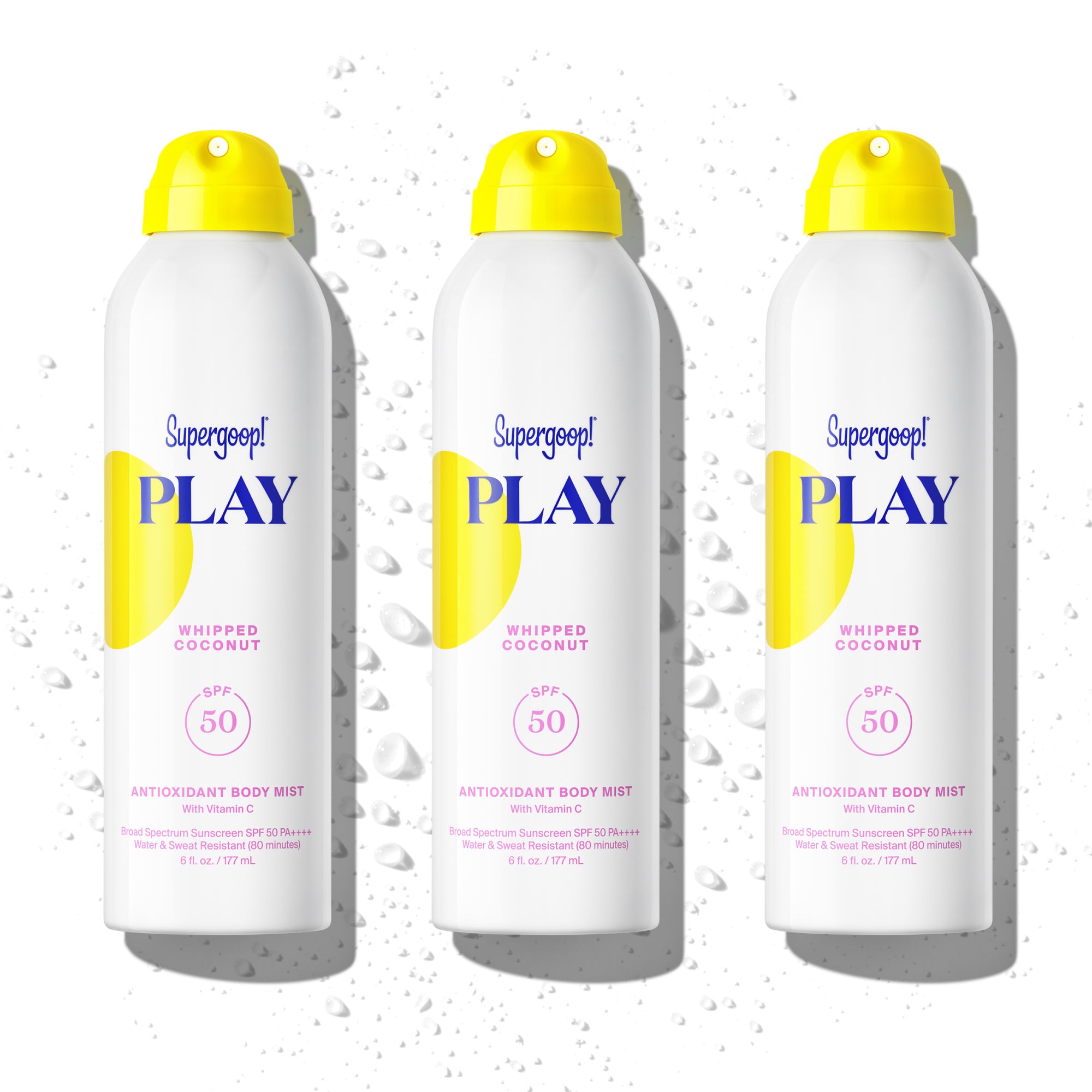 Supergoop! PLAY Antioxidant Body Mist SPF 50 with Vitamin C Whipped Coconut 3-pack Mist Packshot and goop 
